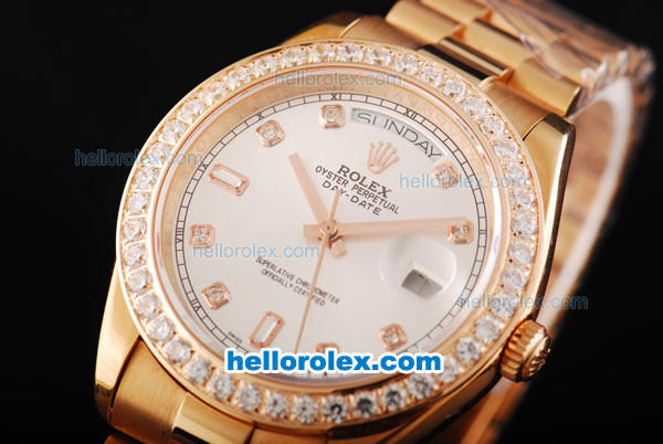 Rolex Day Date II Automatic Movement Full Rose Gold with Diamond Bezel-Diamond Markers and Silver Dial - Click Image to Close